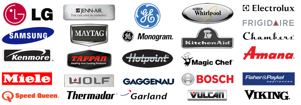 A collection of home appliance logos including LG, Jenn-Air, GE, Whirlpool, Electrolux, Frigidaire, Samsung, Maytag, GE Monogram, KitchenAid, Chambers, Kenmore, Tappan, Hotpoint, Magic Chef, Amana, Miele, Wolf, Gaggenau, Bosch, Fisher & Paykel, Speed Queen, Thermador, Garland, Vulcan, and Viking.